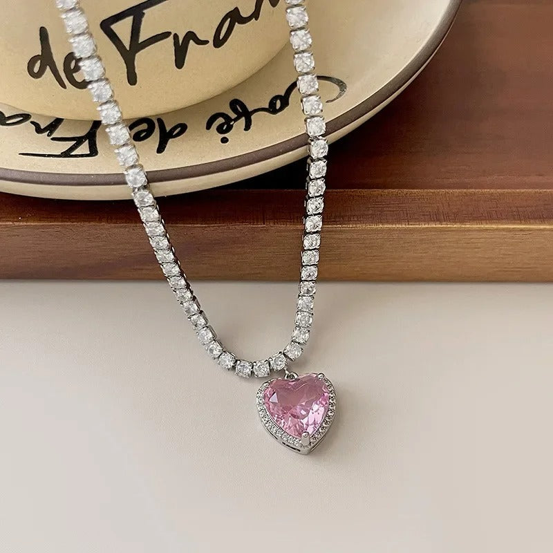 Rhinestone Pink Heart Pendant Necklace