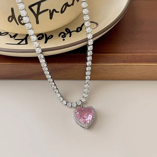 Rhinestone Pink Heart Pendant Necklace